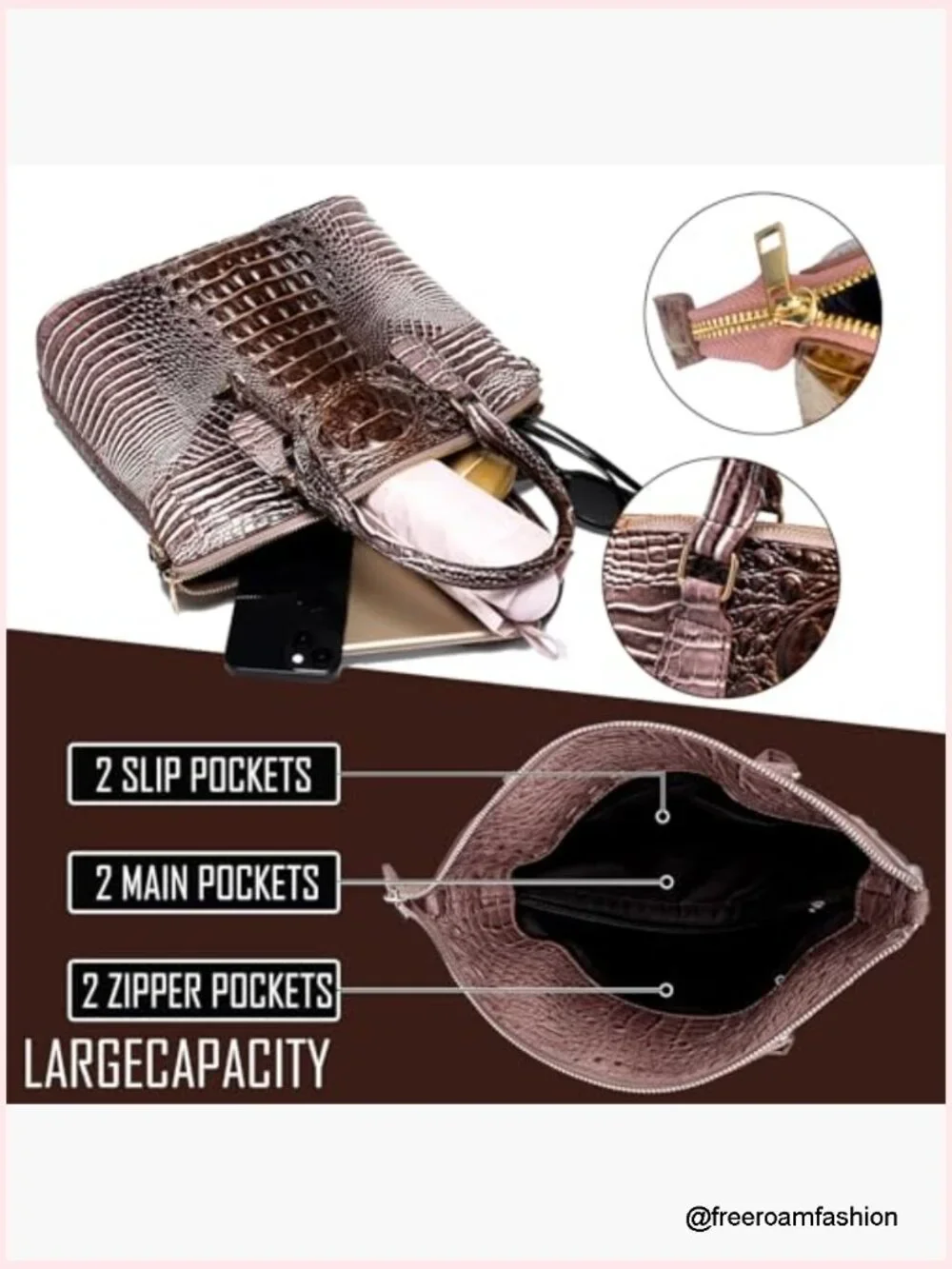 Satchel Tote Bag with Faux Croc Embossed Pattern, Crossbody, Laptop Fit
